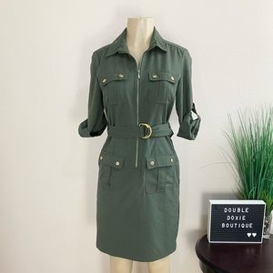 SHARAGANO | Dark Green Belted Shirt Dress Sz 4